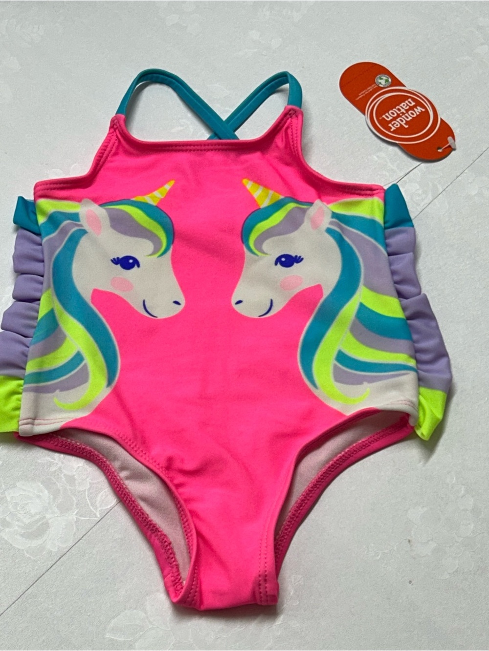 wonder nation Pink Unicorn Swim Suit with Rainbow Straps